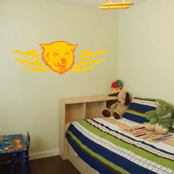 Flaming wolf head wall decal, orange with yellow flames
