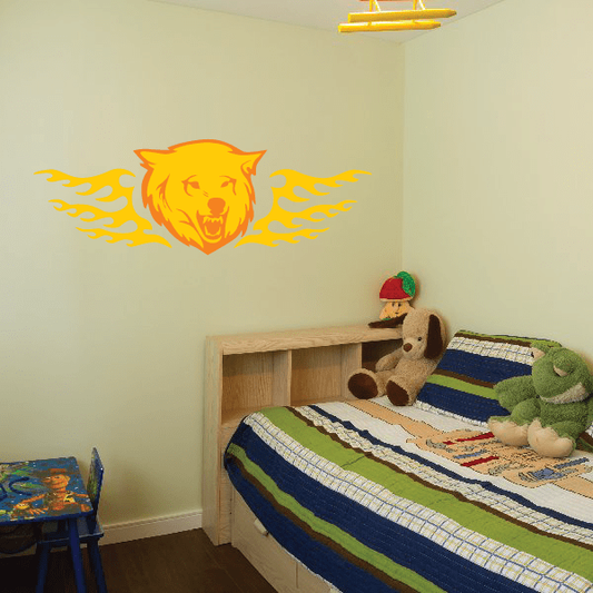 Flaming wolf head wall decal, orange with yellow flames