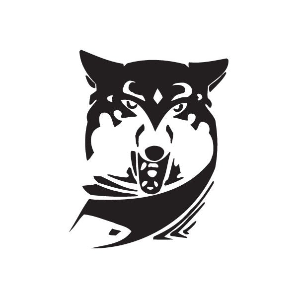 Snarling wolf head with scarf decal, black on white background