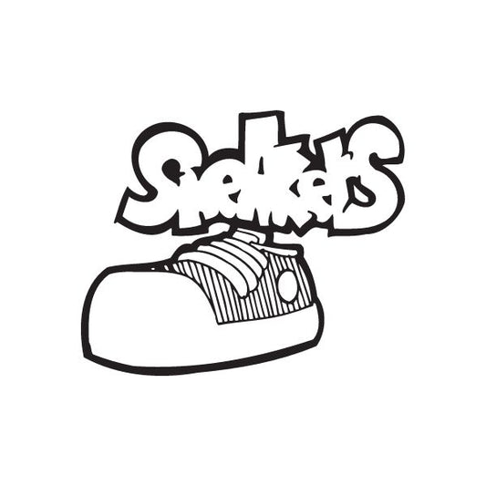 Graffiti sneaker decal sticker with thick outline and swooping lettering above the shoe