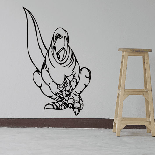 Dinosaur decal of a black line-art sneaking dinosaur with tail raised and claws forward.