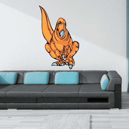 Sneaky dinosaur sticker showing an orange cartoon sneaking dinosaur with open mouth