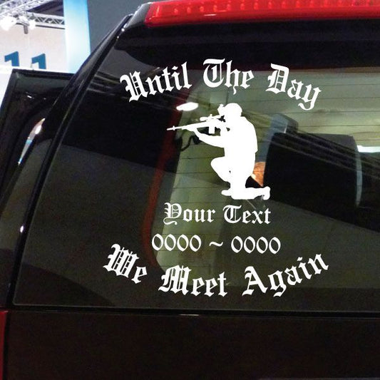 Memorial car decal with white rifleman silhouette and ornate white text