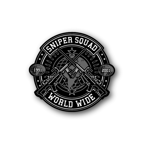 Round vinyl sticker with monochrome sniper emblem, crossed guns, and World Wide text