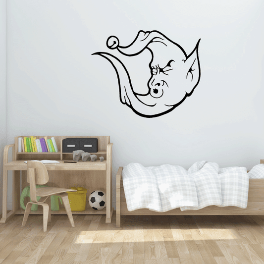 Snoozing elf moon wall decal, black outline of sleeping elf on moon