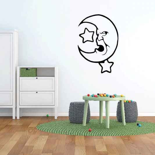 Crescent moon wall decal with star accents and sleeping face outline