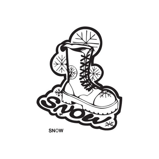 Snow graffiti decal of sneaker with snowflakes, bold 'SNOW' text