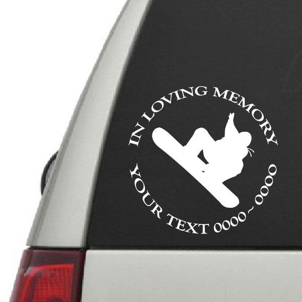 Snowboard decal: 'IN LOVING MEMORY' text with snowboarder silhouette on black
