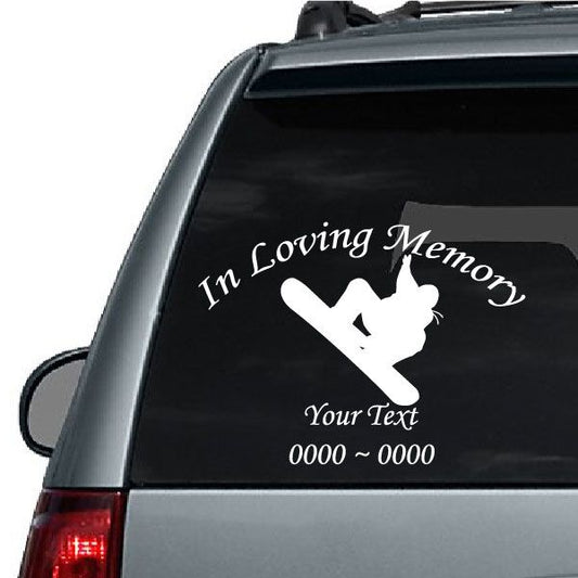 Snowboard rider decal with 'In Loving Memory' text and white hand silhouette