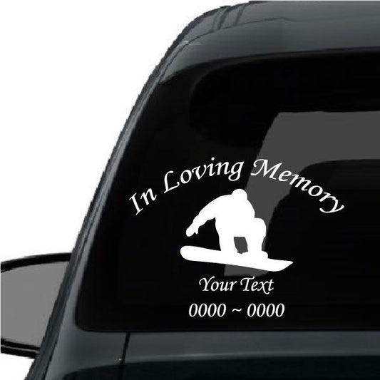 Black vehicle decal with white snowboarder silhouette and In Loving Memory text