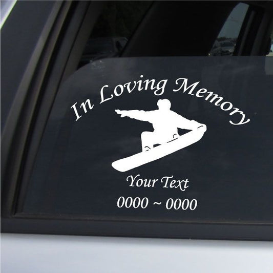 Snowboarding tail grab memorial decal with snowboard silhouette and 'In Loving Memory' text