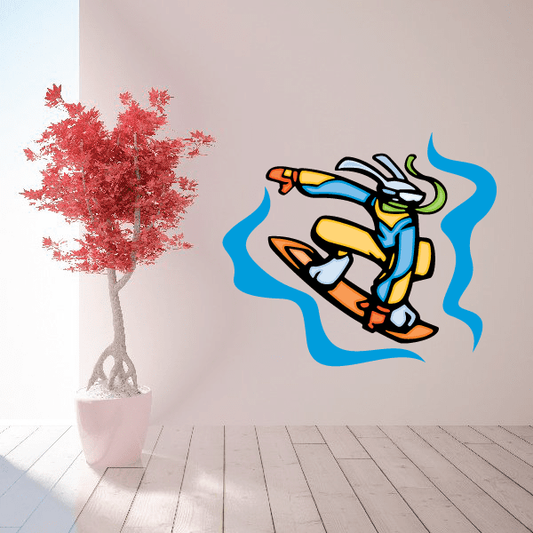 Vinyl snowboarding die-cut sticker with blue wave and snowboarder graphic