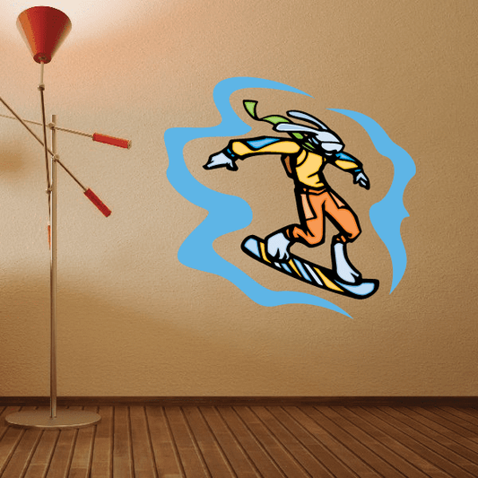 Snowboarding vinyl wall decal sticker with cartoon snowboarder in yellow, black, and blue
