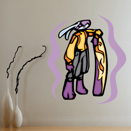 Colorful snowboarder vinyl decal sticker, illustrated figure with orange, black, and purple accents
