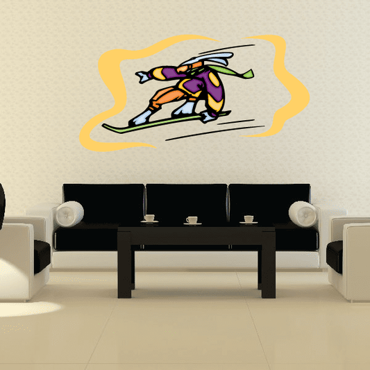 Snowboarding wall decal sticker: multicolor snowboarder in action, die-cut outline