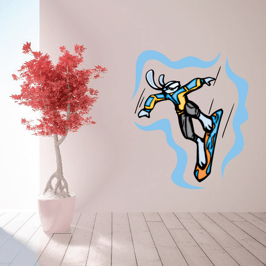 Snowboarding vinyl wall decal sticker with blue flame border and rider silhouette