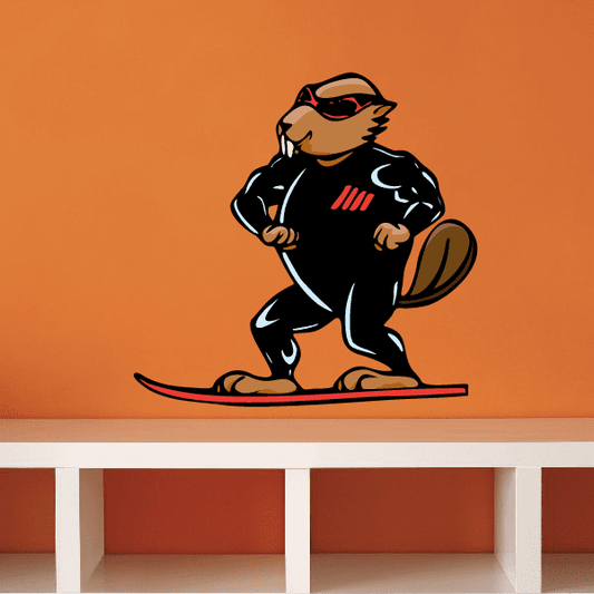 Snowboarding animal wall decal sticker, black character on skateboard with red stripe accents