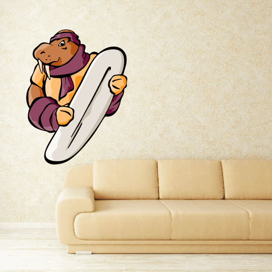 Snowboarding wall decal of a cartoon dog riding a snowboard, vinyl die-cut sticker