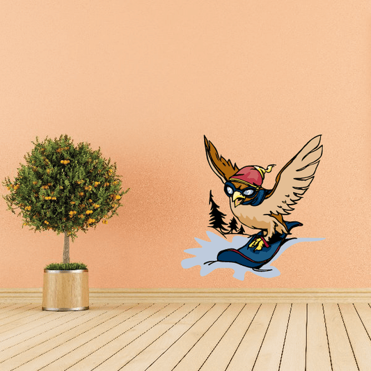 Snowboarding vinyl decal sticker of a winged character riding a blue snowboard