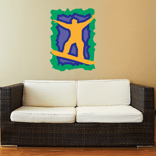 Snowboarding wall decal vinyl sticker, die-cut blue and orange graphic