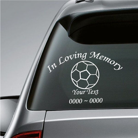 In loving memory soccer ball decal with custom text and name line, white on dark