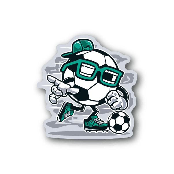Soccer player vinyl sticker with teal helmet and glasses kicking a soccer ball
