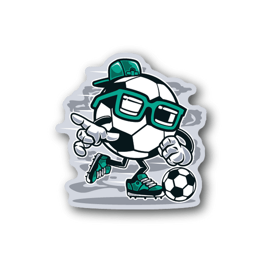 Soccer player vinyl sticker with teal helmet and glasses kicking a soccer ball
