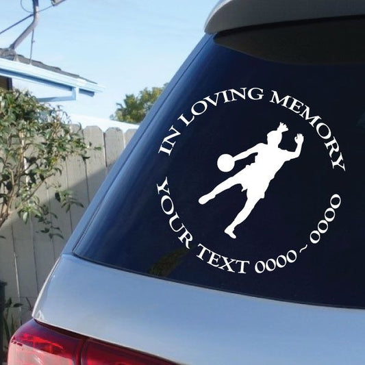 Custom car decal with soccer player silhouette and arched "In Loving Memory" text on dark background