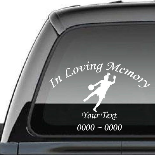 Soccer player loving memory decal with 'Your Text' and '0000 ~ 0000'.