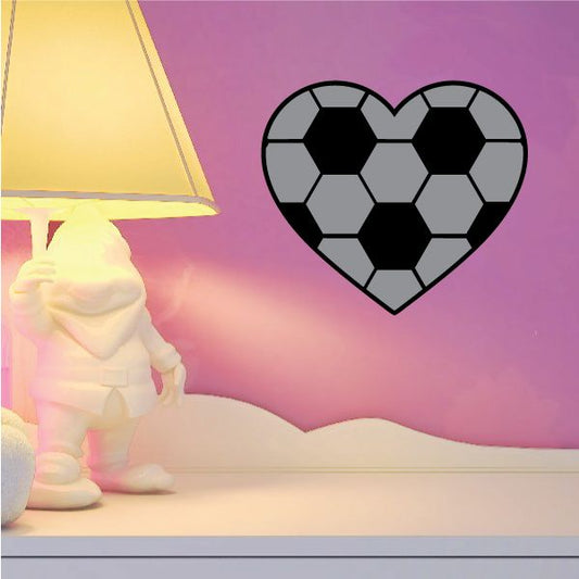 Soccer heart sticker with black and gray soccer ball pattern