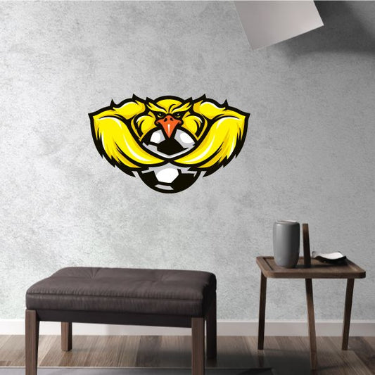 Soccer mascot wall decal, yellow and black eagle-style face with orange beak and soccer ball