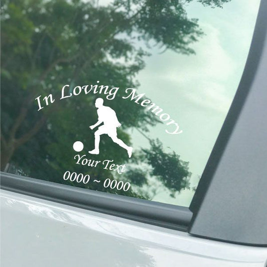 In Loving Memory soccer player decal with silhouette and name line