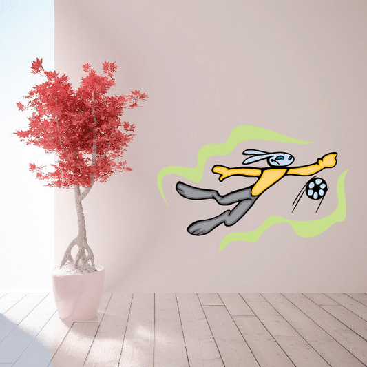 Soccer wall decal sticker of cartoon player kicking a ball on green cloud shape
