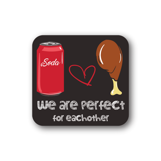 Vinyl sticker with red soda can, heart, brown drumstick, and We are perfect text.