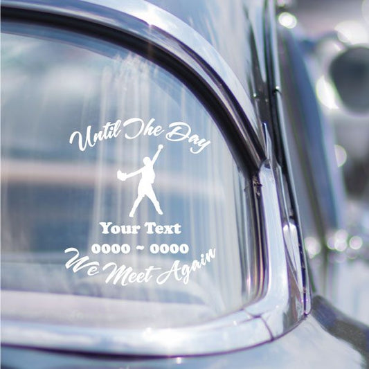 White softball helmet decal with player silhouette and 'We Meet Again' text