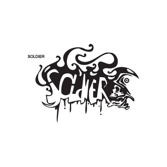 Graffiti soldier decal with dripping black lettering and soldier face outline