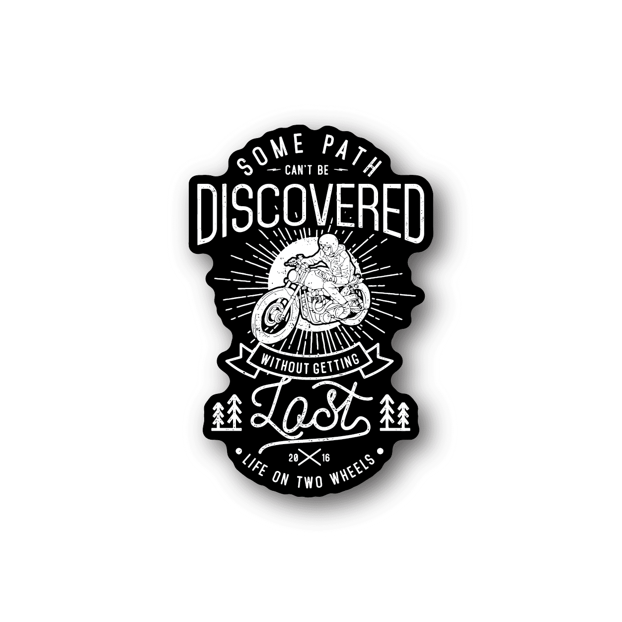Motorcycle vinyl sticker, black badge with text 'DISCOVERED' and rider on motorcycle