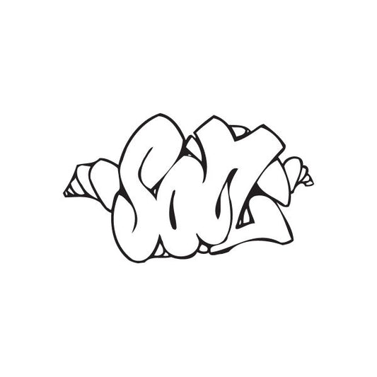 Graffiti-style decal with black cartoon tag design
