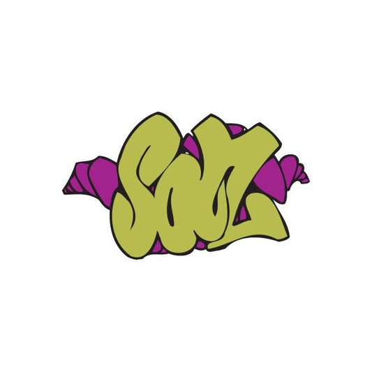 Son graffiti sticker with green and purple tag letters, outlined in black