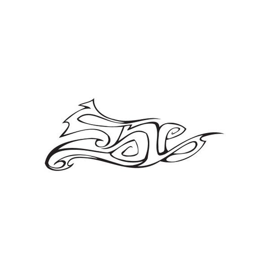 Black graffiti-style decal with curled lettering and flame-like accents