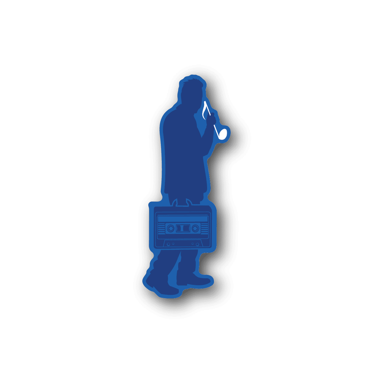 Blue vinyl sticker of a woman silhouette holding a cassette player