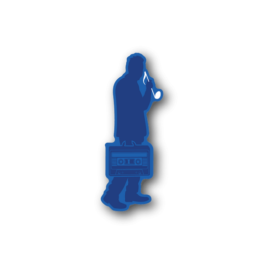 Blue vinyl sticker of a woman silhouette holding a cassette player