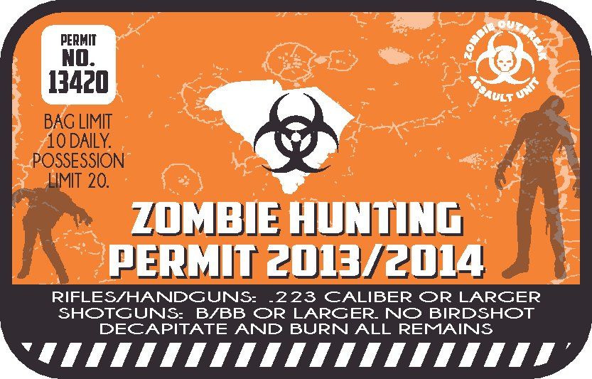 Zombie hunting permit sticker with orange print, biohazard icon, and 2013/2014 text