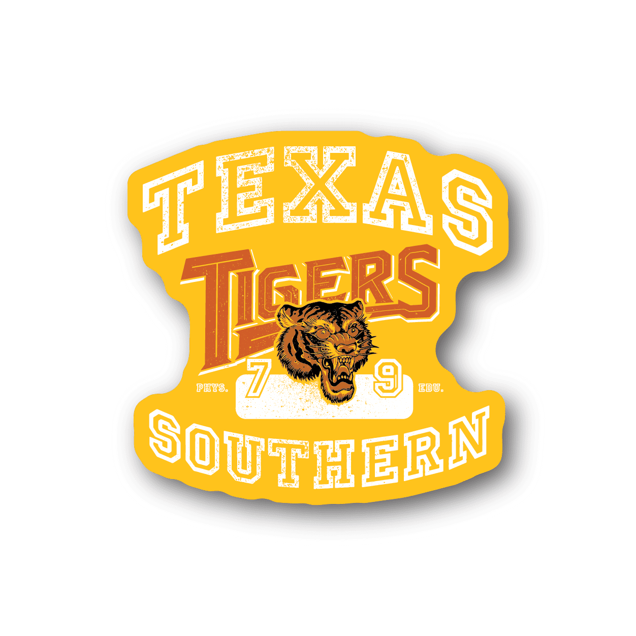 Vinyl sticker with Texas Tigers logo, yellow text and orange tiger, die-cut outline
