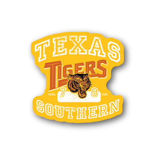 Vinyl sticker with Texas Tigers logo, yellow text and orange tiger, die-cut outline
