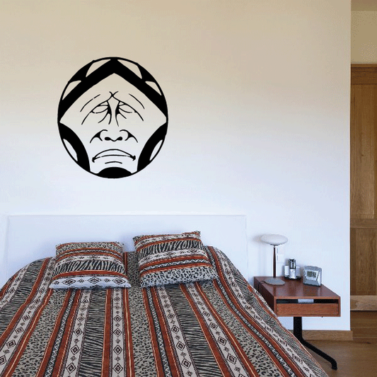 Southwestern moon wall decal with black circular frame and detailed face illustration