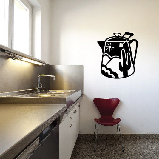 Coffee pot wall decal with starburst and outlined desert scene