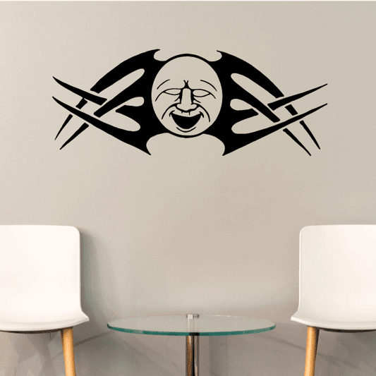 Black tribal moon wall decal with face and crossed arrow details