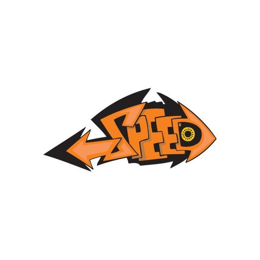 Orange and black graffiti speed sticker with arrow and eye-like graphic