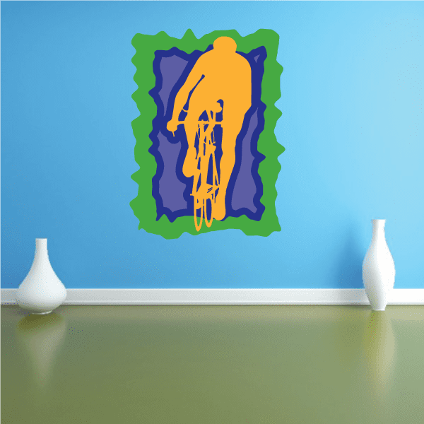 Cyclist sticker with blue rider silhouette and orange yellow graphic on green border